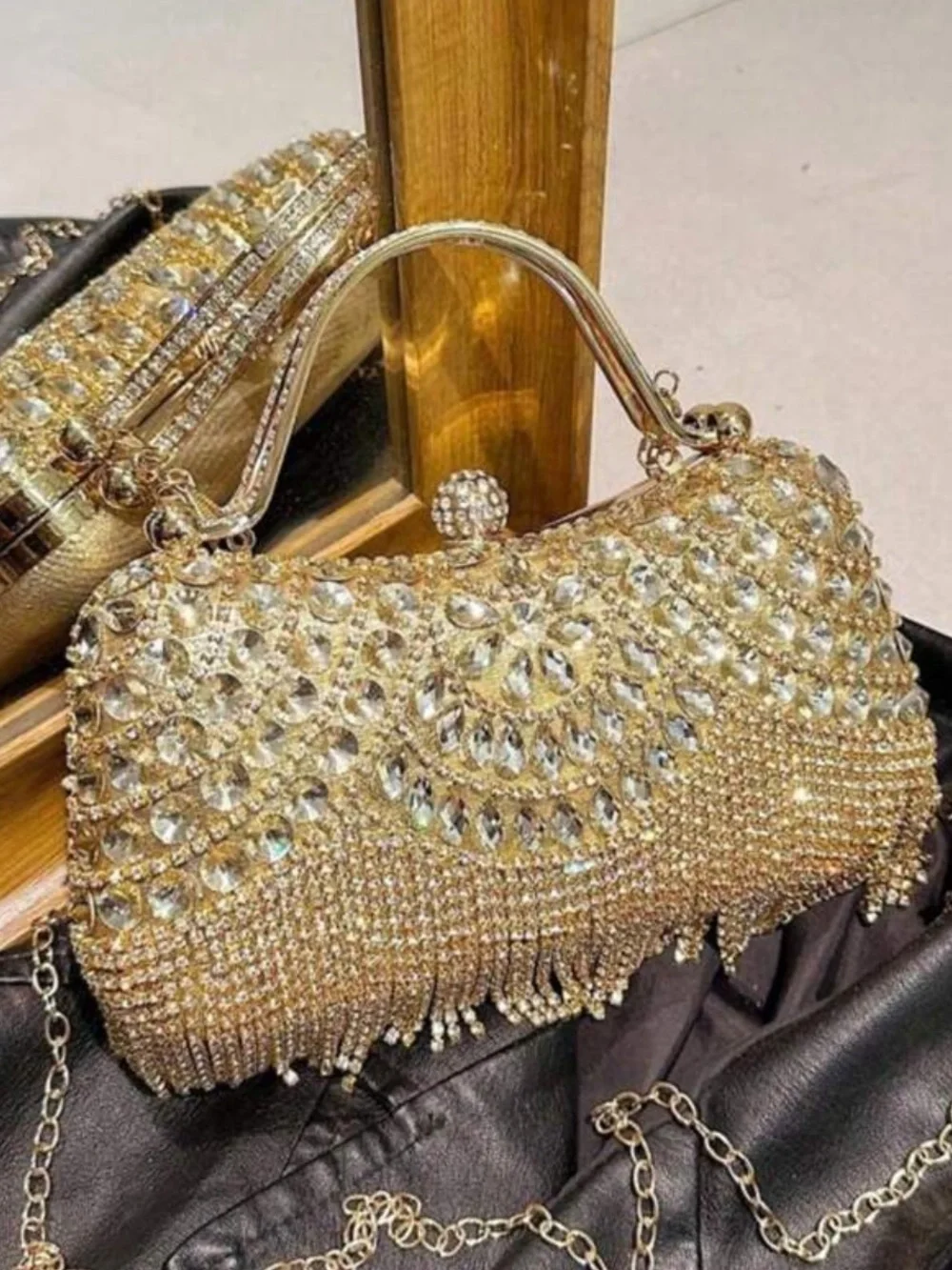 Gold Crystal Fringe Evening Clutch Handbag